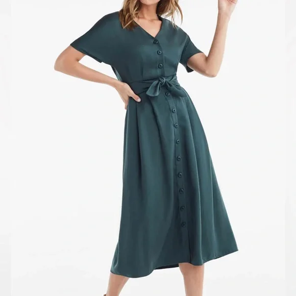 knee length dresses for ladies Rihoas Collared Midi Shirt Dress in Red Linen-Blend main image 1